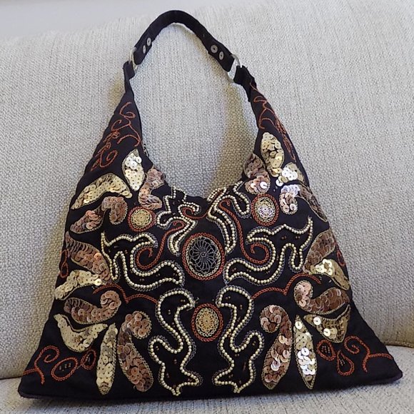 Handbags - Vintage Look Sequins and Beads Hobo Shoulder Bag